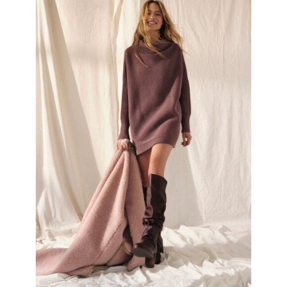 Free People Ottoman Slouchy Tunic Sweater Dress Black Purple Raisin Size Large - Picture 2 of 12